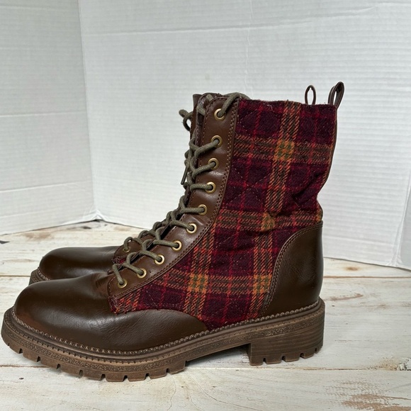 ROCK & CANDY Max booties BROWN & plaid lace-up ankle boot preppy grunge sz 8 EUC - Picture 1 of 11